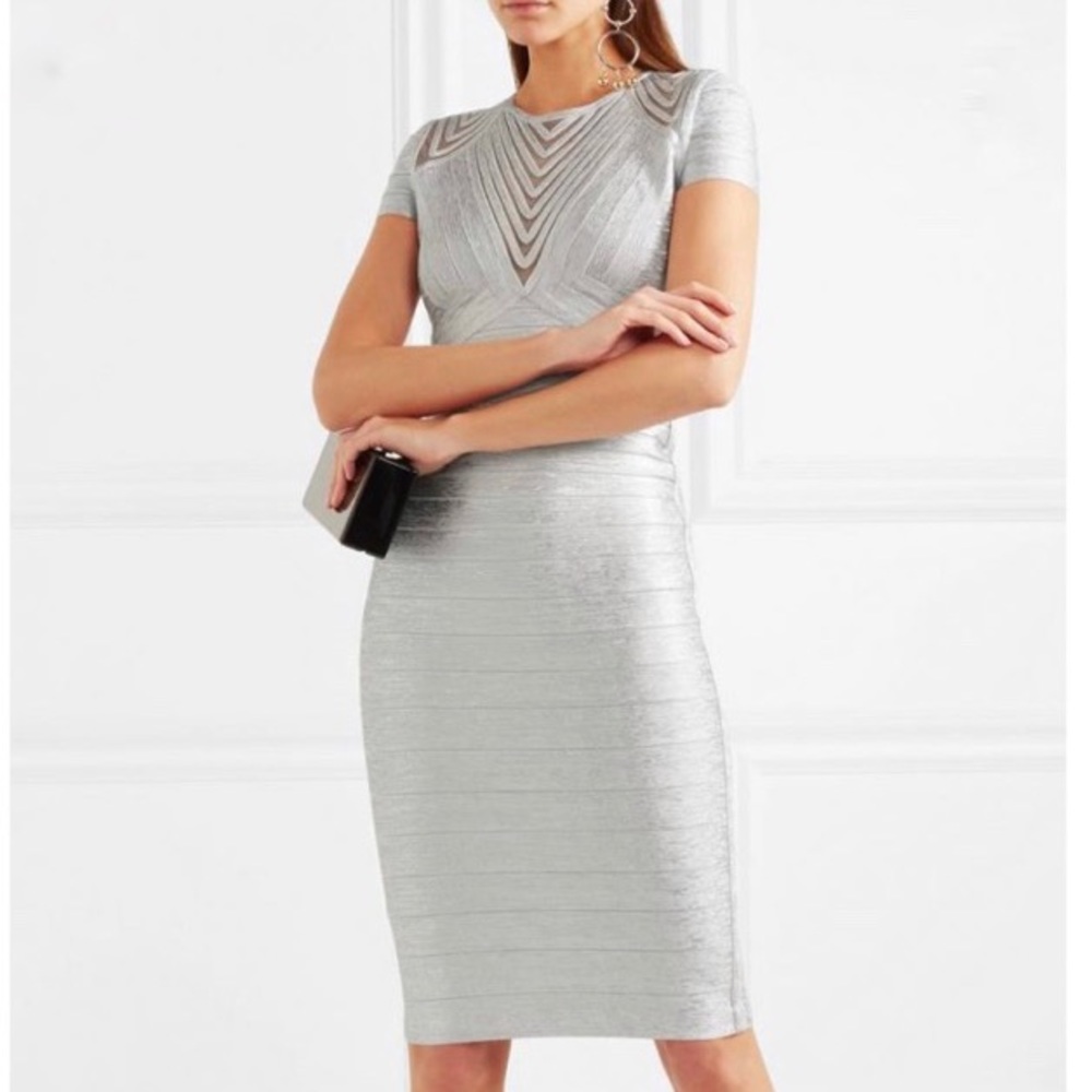 Herve Leger Tulle Paneled Metallic Silver Foil Bandage Dress
